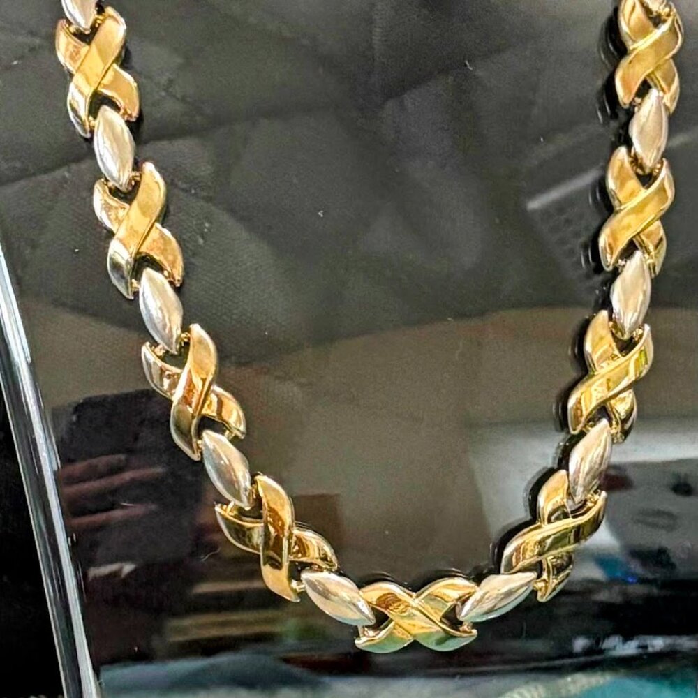Vintage 1980s XO Necklace Two-Tone Hugs Kisses Collar Chain 16” Gold Silver Tone